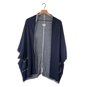 Lucky Brand Shawl Cover Up Navy Blue Short Sleeve Hippie Boho Indie Size S